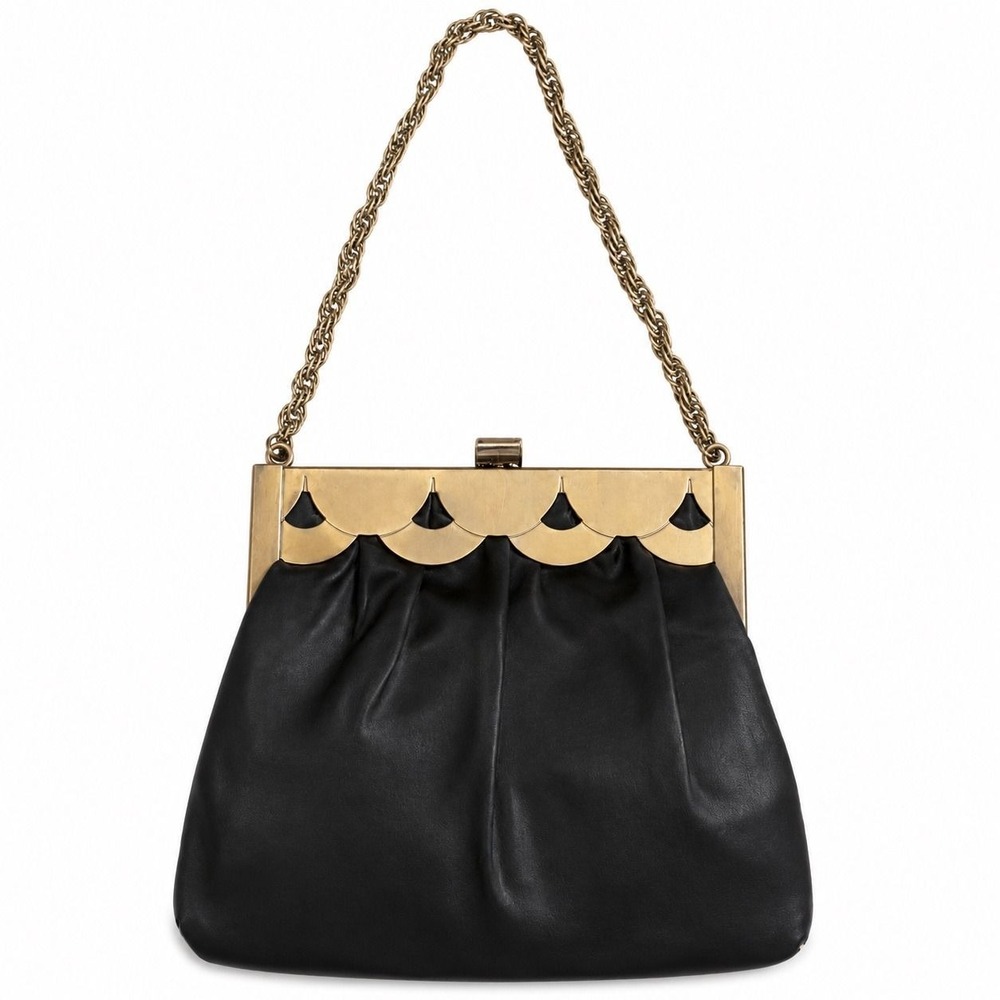 ⚜️100. 1950s Harry Levine Black Satin Evening Bag Gold Scalloped Frame HL USA